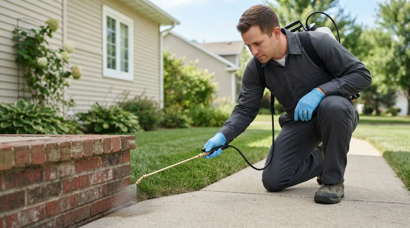 Pest control technician treating a home near Bricelyn, MN