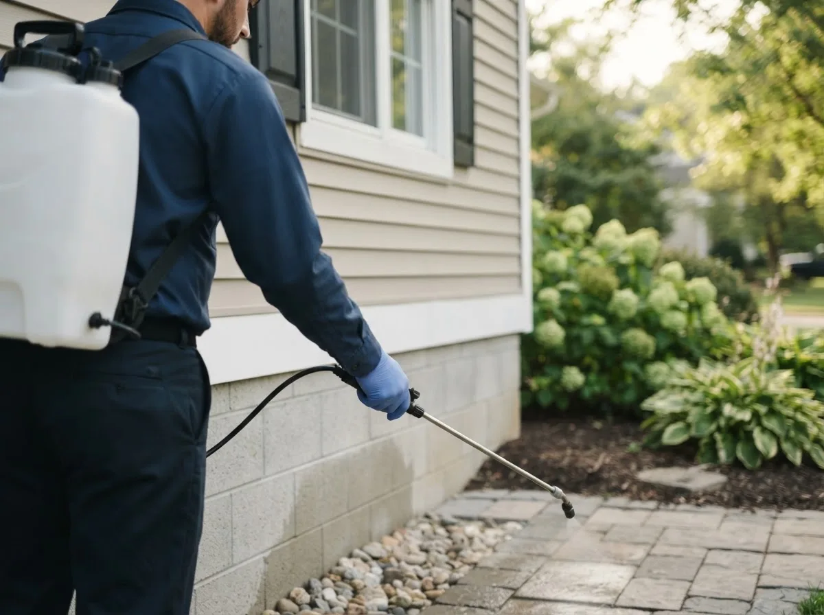 Pest control technician inspecting a home in Bricelyn, MN